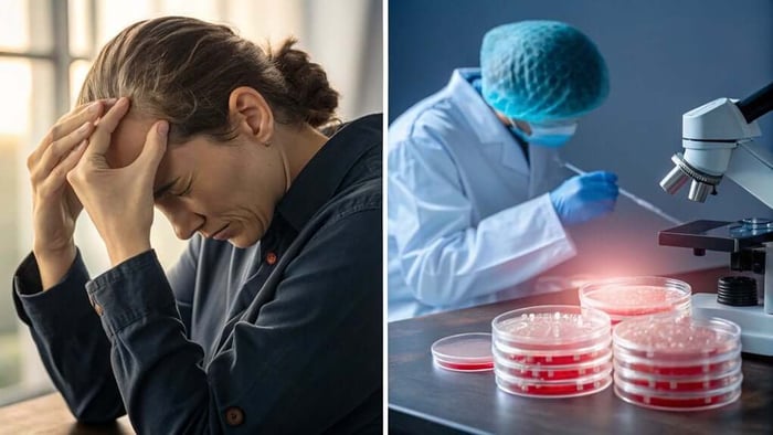 Split image showing person with head pain and scientist working with petri dishes