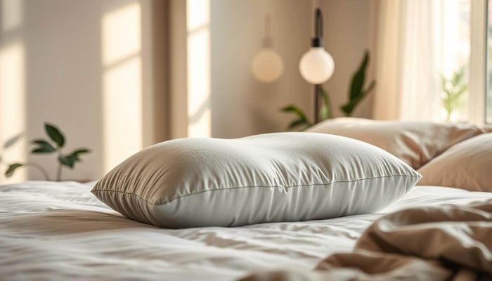 Fluffy white pillow placed on neatly made bed