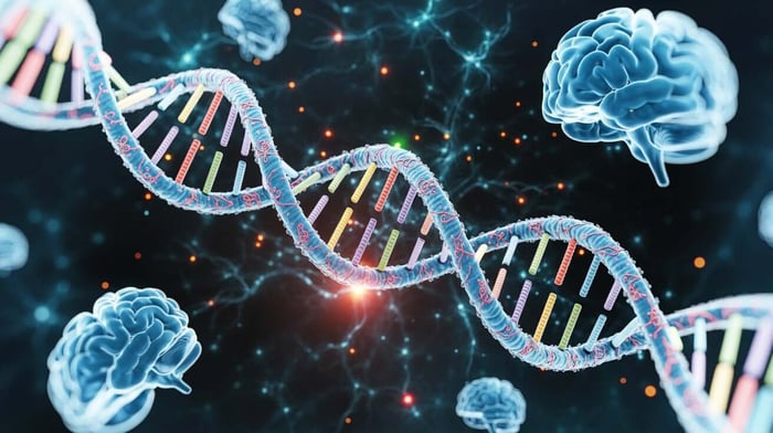 DNA double helix illustration surrounded by multiple glowing brain images