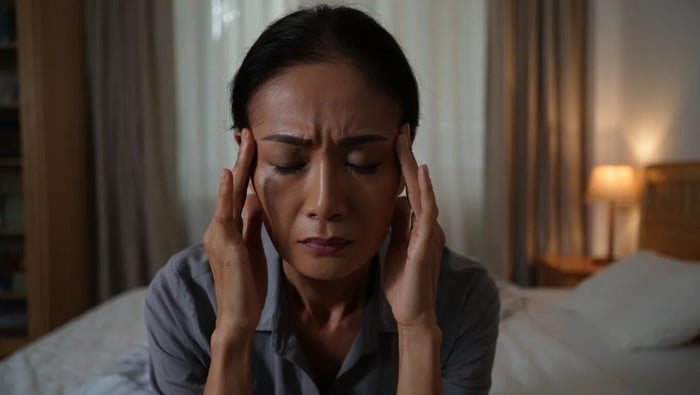 Woman sitting on bed pressing temples with eyes closed