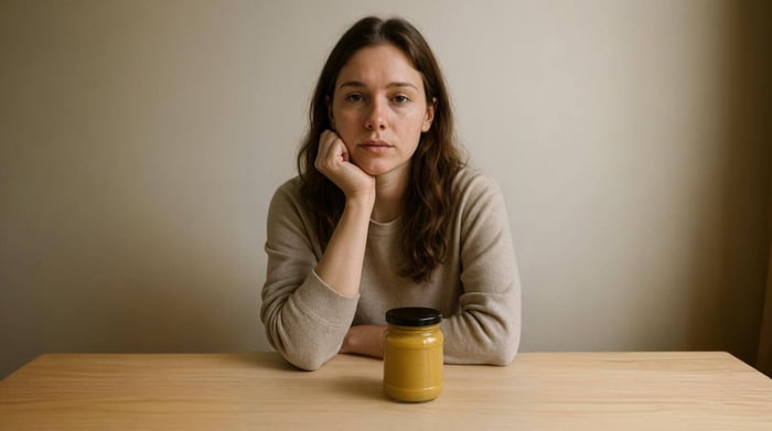 Woman sitting at table with jar of mustard in front of her