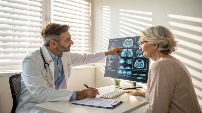 Doctor showing brain scan images on computer to older patient