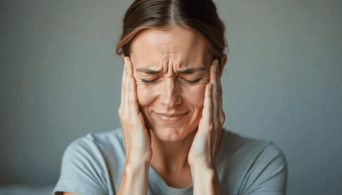 Woman pressing her temples with eyes closed in pain.