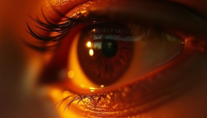 Close-up of a brown eye with visible eyelashes in warm light