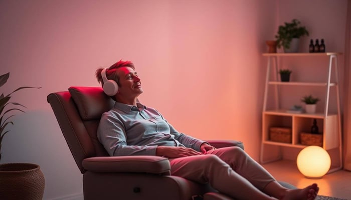 Person sitting in recliner wearing headphones under soft red light