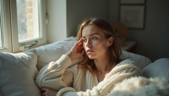Woman sitting in bed looking out window thoughtfully.
