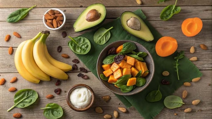 Assorted potassium rich foods including bananas avocado spinach apricots and almonds