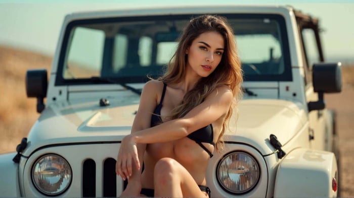 Black two piece bathing suit styled with gold hoops and linen shirt on Jeep at sunset