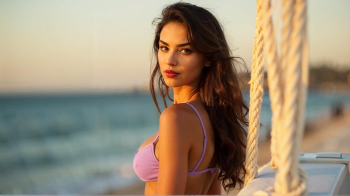 Shop eco Lyra swimwear online – sustainable modest swim in Lyra Bikini Purple at Byron Bay Wategos Beach