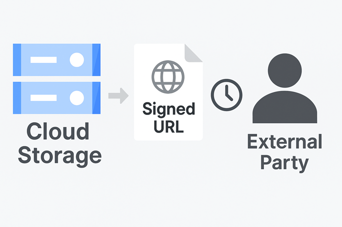 Diagram showing how a signed URL gives temporary access to Cloud Storage for an external party.
