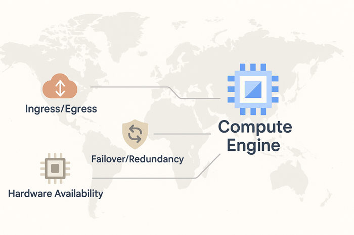 World map with the Compute Engine logo and three labeled icons: Ingress/Egress, Failover/Redundancy, and Hardware Availability.
