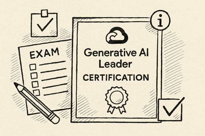 Illustration of a Generative AI Leader certification and exam sheet with simple AI-themed icons.