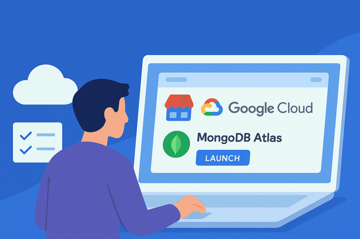 Illustration of a person using a laptop displaying Google Cloud Marketplace, with MongoDB Atlas shown as a featured application and a 