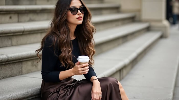 Woman wearing a chocolate brown satin slip midi skirt paired with a fitted black long-sleeve top, showing how to style skirts in a minimalist, chic way