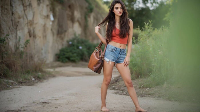 Stylish woman walking outdoors on a dirt road, captured from the waist up in a chic outfit — embodying Vespera’s effortless cool fashion aesthetic.
