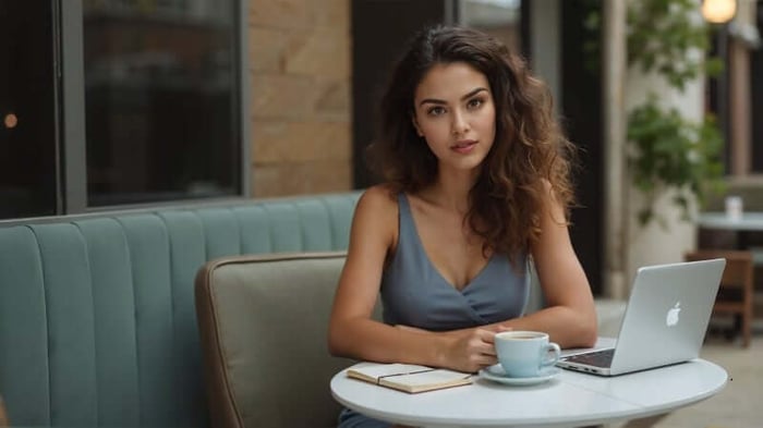 A woman at a café wearing a minimalist gray-blue sleeveless top styled as a transitional piece, ideal for spring looks featuring Short Sleeve Tops and elevated basics.