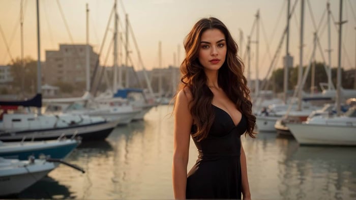 Woman wearing a Vespera black long sleeve mini dress buying mini dresses Australia style by the ocean with yacht in the background