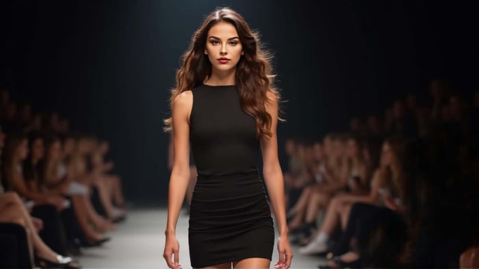 Elara wearing the Vespera Black Mini Dress in a minimal, elegant setting, showcasing timeless style and refined simplicity.