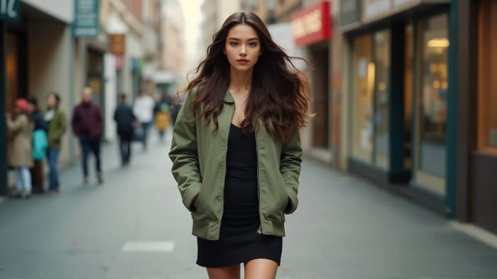 Vespera The Label green jacket styled in street fashion