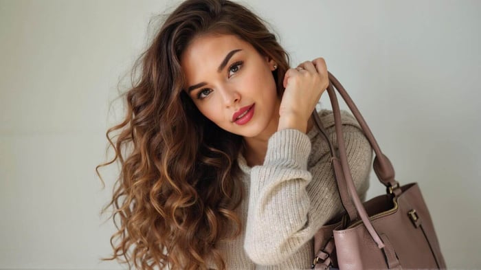 Woman with long curly brown hair wearing a light beige chunky knit sweater, holding a mauve structured leather tote bags with gold hardware. A cozy-chic look featuring a boutique-style bag against a minimal grey background.