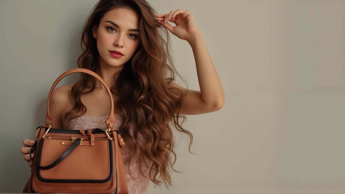 Woman with long wavy brown hair wearing a delicate lace slip dress, holding a structured light brown hand bag with dark trim, gold hardware, and a top zipper. A Kelly-inspired bag styled in an elegant, editorial setting.