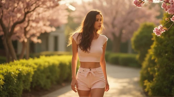 Woman wearing a light pink, cropped, short sleeve top paired with matching high-waisted pink denim shorts. This coordinated, monochrome look is perfect for layering with long sleeve tops for breezy spring style.