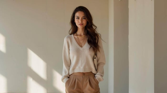 Woman wearing a cropped cream v-neck sweater styled with high-waisted camel trousers — a chic, neutral-toned outfit featured in Vespera’s women’s sweaters style guide.