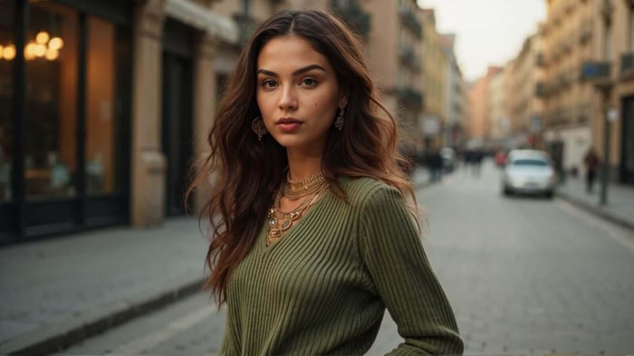 Woman wearing an olive green ribbed v-neck sweater styled with layered gold necklaces — a sleek, minimal outfit from Vespera’s women’s sweaters collection for chic warmth without bulk.
