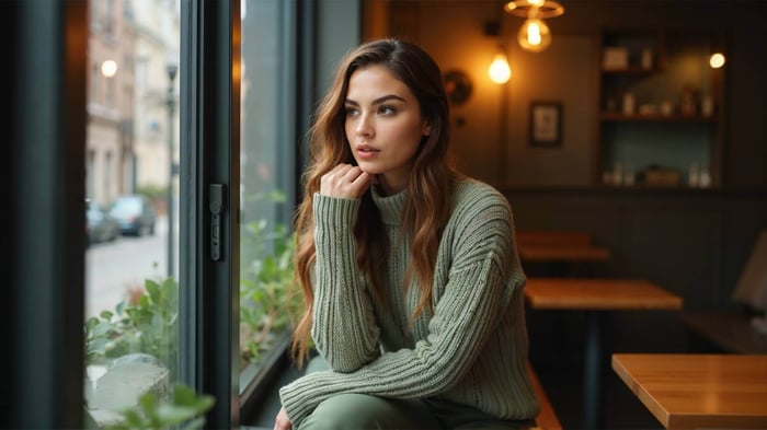 Woman wearing sage green chunky-knit turtleneck sweater by Vespera seated in cozy cafe