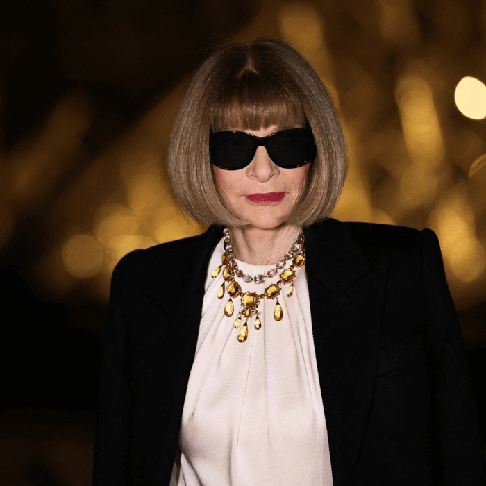 Anna Wintour sunglasses with her signature bob and iconic style at a fashion show.