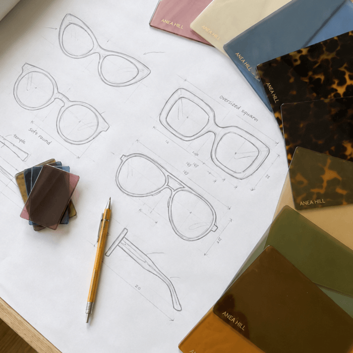 The best sunglasses material starts here: ANEA HILL frame sketches alongside Japanese acetate swatches in tortoiseshell, blue, olive, and blush, showing the design and material selection process.