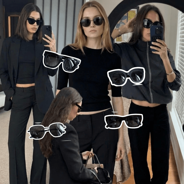 Black sunglasses women style in all-black outfits featuring multiple ANEA HILL acetate frame silhouettes including cat eye, rectangular, and slim metal styles.