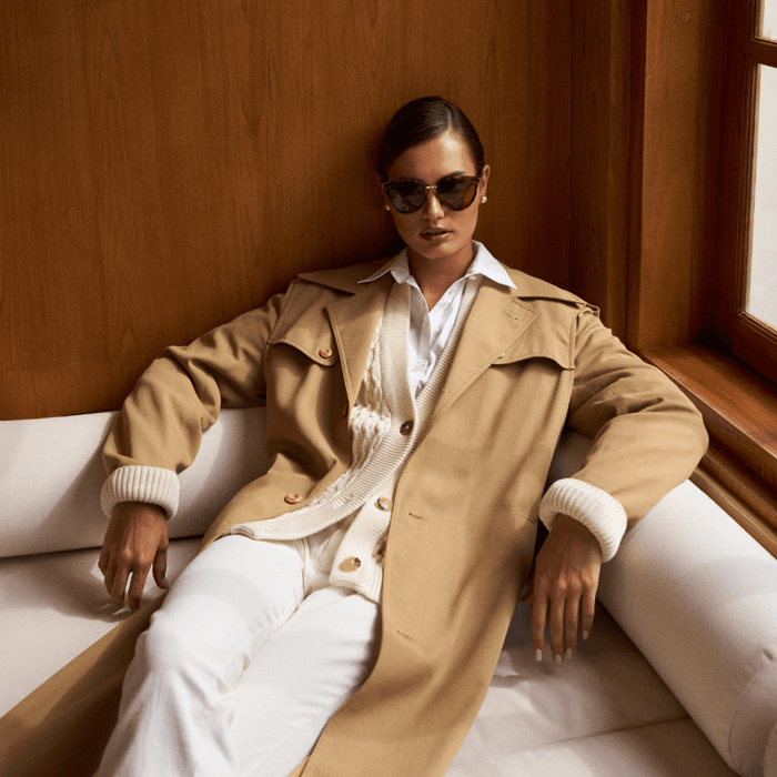 Woman wearing luxury cellulose acetate sunglasses in neutral tones, demonstrating the sophisticated style and comfort of premium eyewear materials