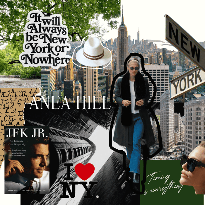 Luxury Panama hats by ANEA HILL styled in a New York inspired collage featuring skyline imagery, Carolyn Bessette aesthetic, Santa Barbara hat, and Vineyard sunglasses