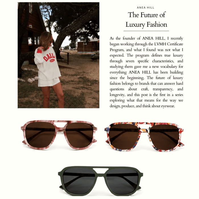 Future of luxury fashion founder AshLee of ANEA HILL wearing the Aspen aviator sunglasses in pink and confetti cellulose acetate styles