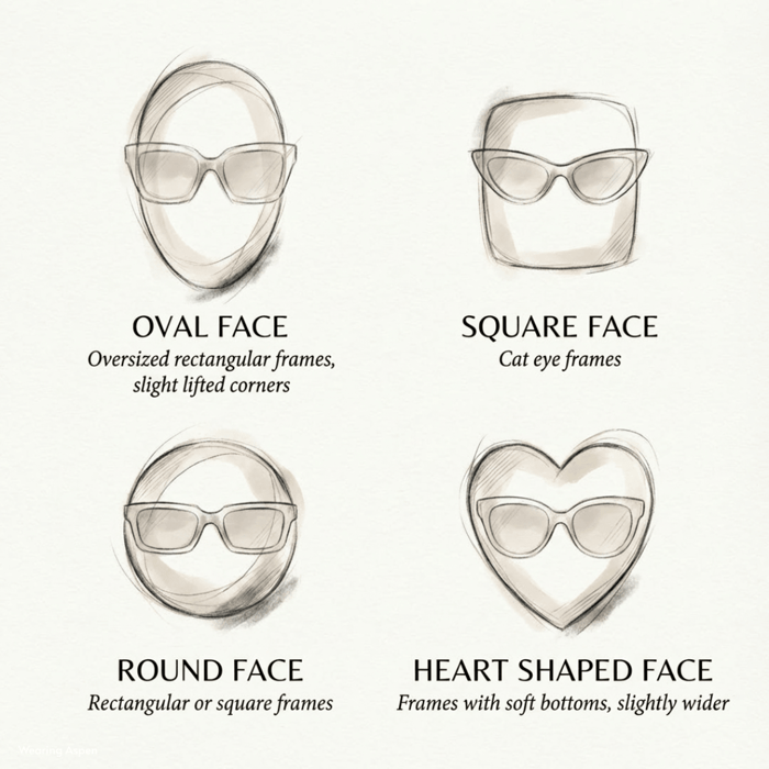 What sunglasses look best for my face shape chart featuring oval, square, round, and heart face shapes with ideal sunglass frame recommendations