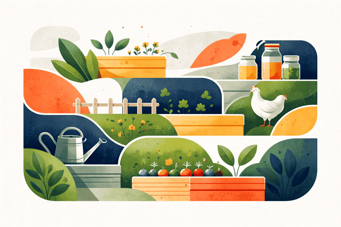 Abstract graphic design with layered geometric shapes and organic forms in green, blue, coral, and neutral tones, symbolizing backyard food growing and household resilience.