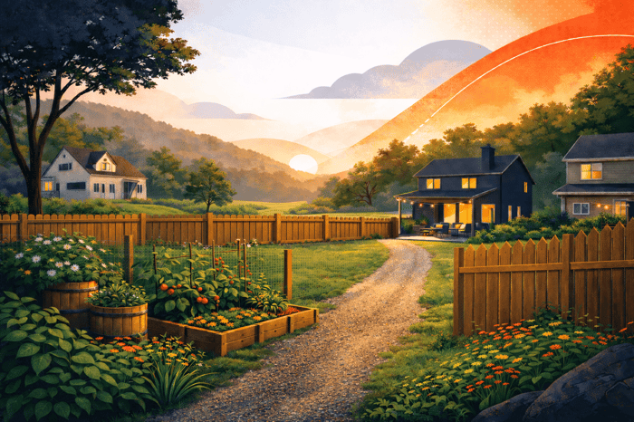 Illustration of a rural backyard garden at sunset with raised vegetable beds, tomatoes growing on trellises, wildflowers, and a wooden fence surrounding nearby homes and rolling hills.