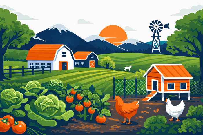 Illustrated homesteading landscape with farmhouse, garden crops, chickens, fencing, and rolling hills in a modern flat design style using green, orange, and blue tones.