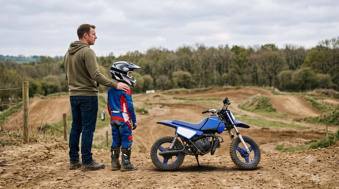 A parent standing with a young rider in full motocross gear beside a 50cc dirt bike at a track.