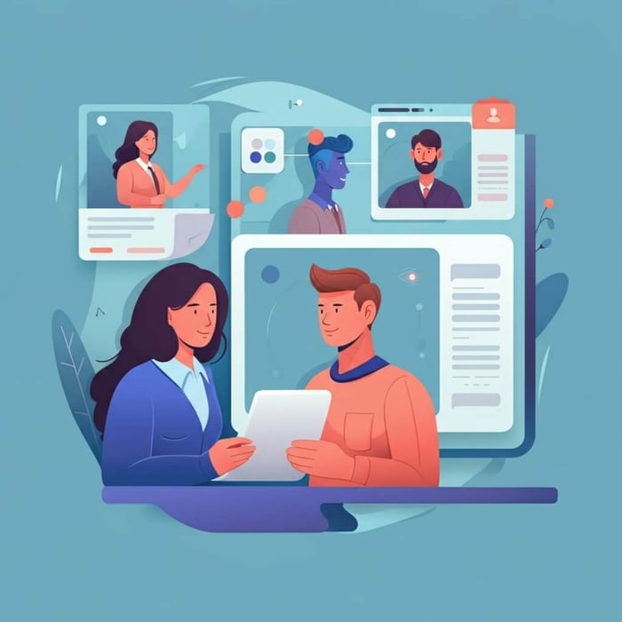 A futuristic image showing AI recruiters presenting data on a screen while a human recruiter reviews the data presented