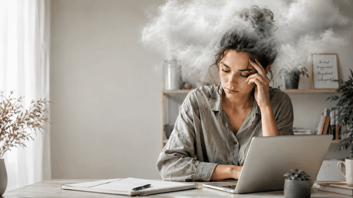 Brain Fog Test: Frau am Schreibtisch mit mentalem Nebel im Kopf
