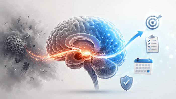 Gehirn-Illustration zum Thema Prokrastination überwinden mit präfrontalem Cortex und Amygdala