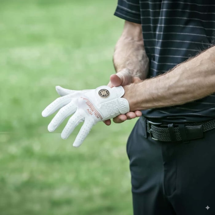 Senior golfer wearing a breathable, comfortable copper tech golf glove on the course