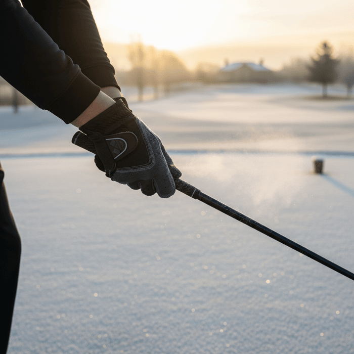 Golfer wearing winter golf gloves teeing off on a frosty morning with visible breath and light snow on the fairway.