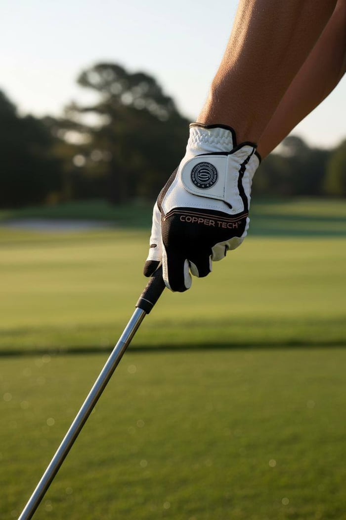 A hand wearing a Copper Tech golf glove with a vibrant copper color, holding a golf club on a green course. The glove's 