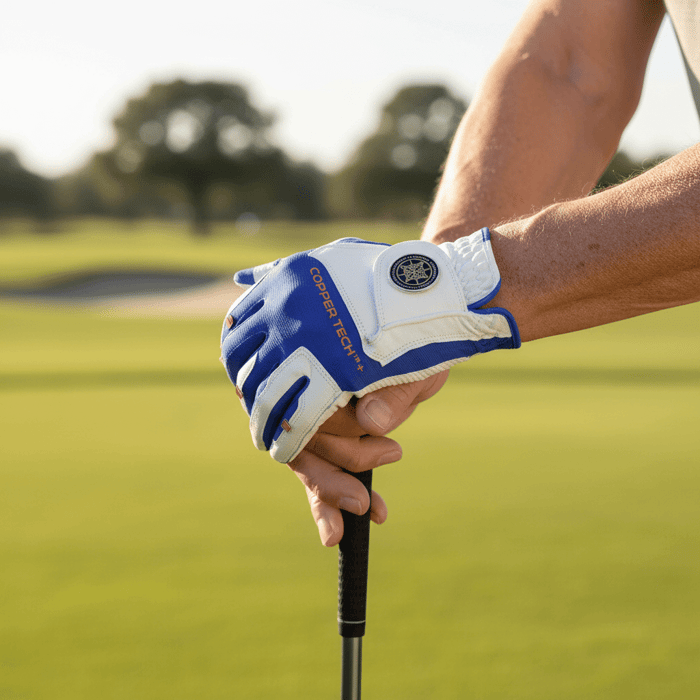 Elderly golfer wearing Copper Tech golf glove holding a club on the course, highlighting comfort, strong grip, and joint relief for senior hands