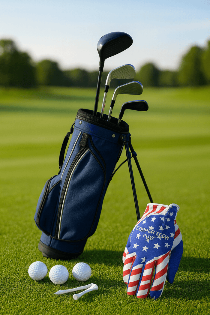 Copper Tech patriotic golf glove with clubs and balls