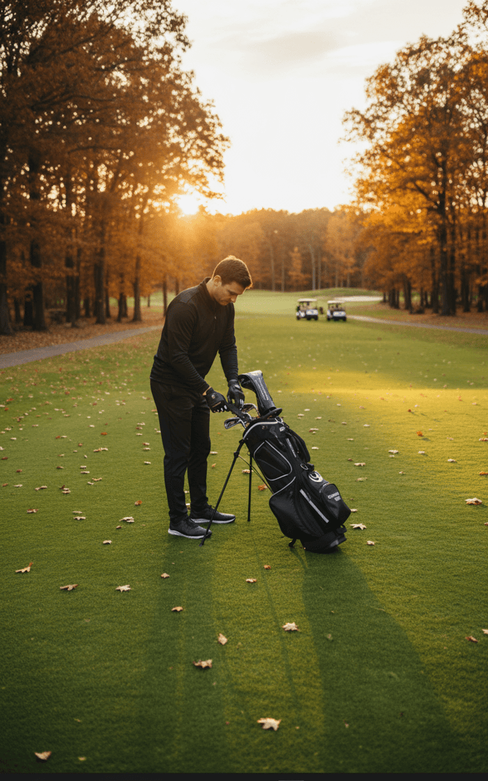 Golfer wearing Copper Tech gloves on a fall golf course, showcasing the best fall golf gear for 2025