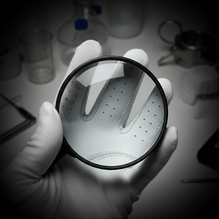 Gloved hand inspecting a golf glove through a magnifying glass to spot stitching and material flaws.